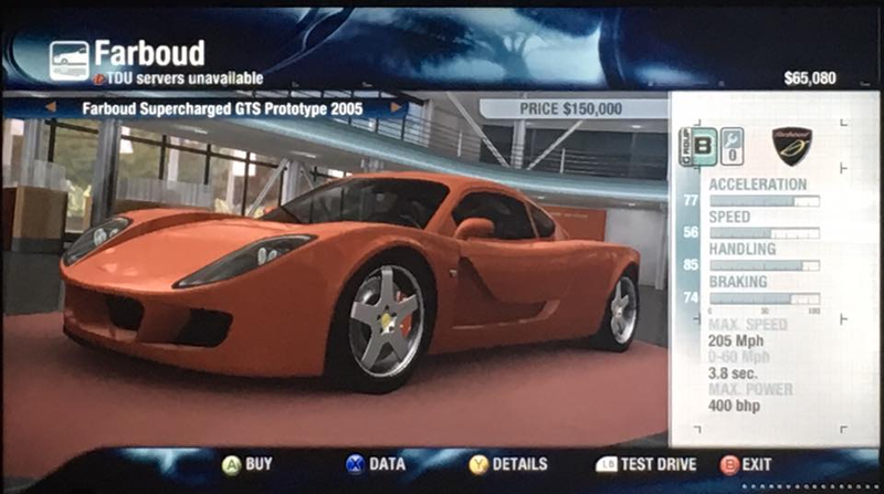 When was the last time you saw a Farboud GTS in a game? TDU 2 doesn’t count.